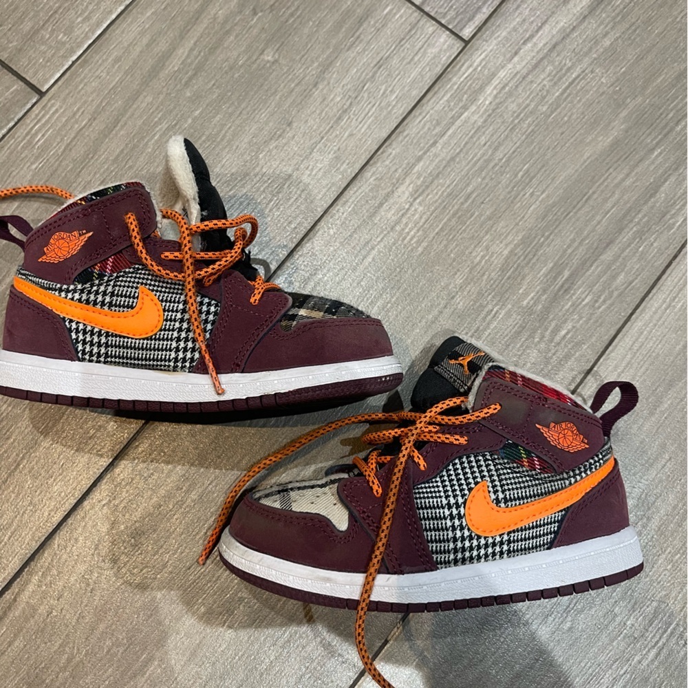 Nike Air Jordan 1 Mid SE Toddler 8c Night Maroon Orange Plaid FD5462-608